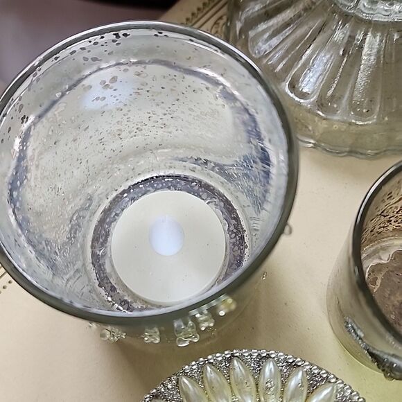 Set Of 5 Party Ready Mercury Glass Candleholders Different Heights Textures #6F - Picture 4 of 12